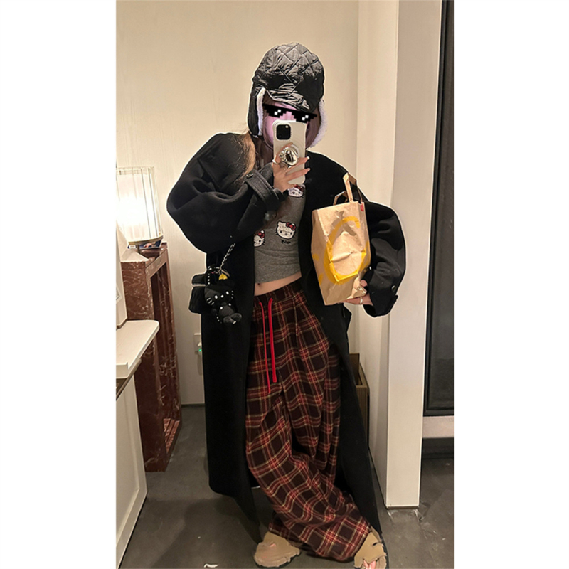 Дамски панталони с висока талия, широки крачоли и каре принт, връзка за талия, ежедневни, смес памук-полиестер, микроеластичност, есен 2024