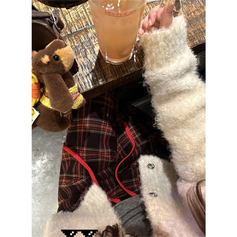 Дамски панталони с висока талия, широки крачоли и каре принт, връзка за талия, ежедневни, смес памук-полиестер, микроеластичност, есен 2024