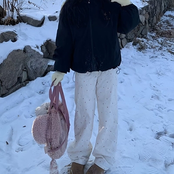 Жени памучни панталони с права кройка, висока талия, флорален принт KT Cat, пролет 2025