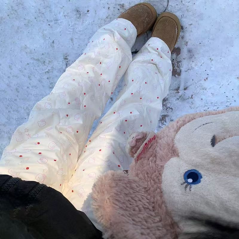 Жени памучни панталони с права кройка, висока талия, флорален принт KT Cat, пролет 2025