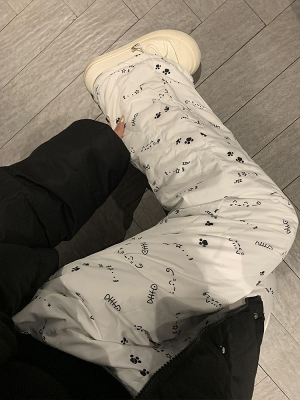 Pantaloni de iarnă din bumbac pentru femei, căptuși fleece, groși, drepti, talie medie, imprimeu