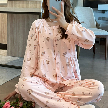 Žindymo ir pogimdyminis pižamų komplektas, 100% medvilnė, rudens–žiema, apvalios kaklo kardiganas, karikatūrinis atspaudas