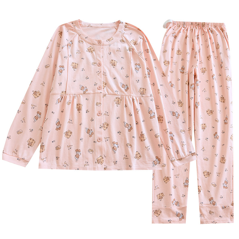 Žindymo ir pogimdyminis pižamų komplektas, 100% medvilnė, rudens–žiema, apvalios kaklo kardiganas, karikatūrinis atspaudas