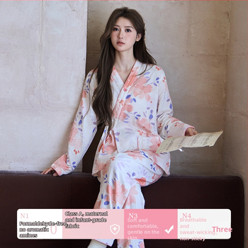 Maternitetiniai pižamų komplektas japoniško kimono stiliaus, dviejų sluoksnių marlės audinys, 100% medvilnė, V kaklo, ilgos rankovės, kelnės, skirtas nėštumui ir žindymui