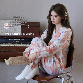 Maternitetiniai pižamų komplektas japoniško kimono stiliaus, dviejų sluoksnių marlės audinys, 100% medvilnė, V kaklo, ilgos rankovės, kelnės, skirtas nėštumui ir žindymui