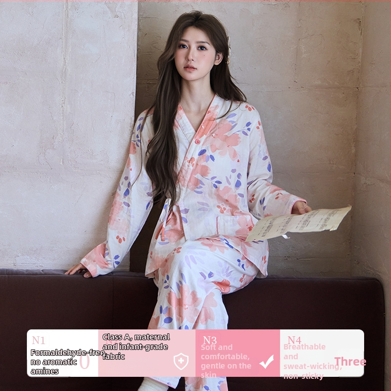 Maternitetiniai pižamų komplektas japoniško kimono stiliaus, dviejų sluoksnių marlės audinys, 100% medvilnė, V kaklo, ilgos rankovės, kelnės, skirtas nėštumui ir žindymui