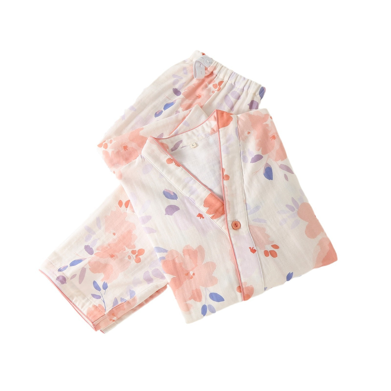 Maternitetiniai pižamų komplektas japoniško kimono stiliaus, dviejų sluoksnių marlės audinys, 100% medvilnė, V kaklo, ilgos rankovės, kelnės, skirtas nėštumui ir žindymui