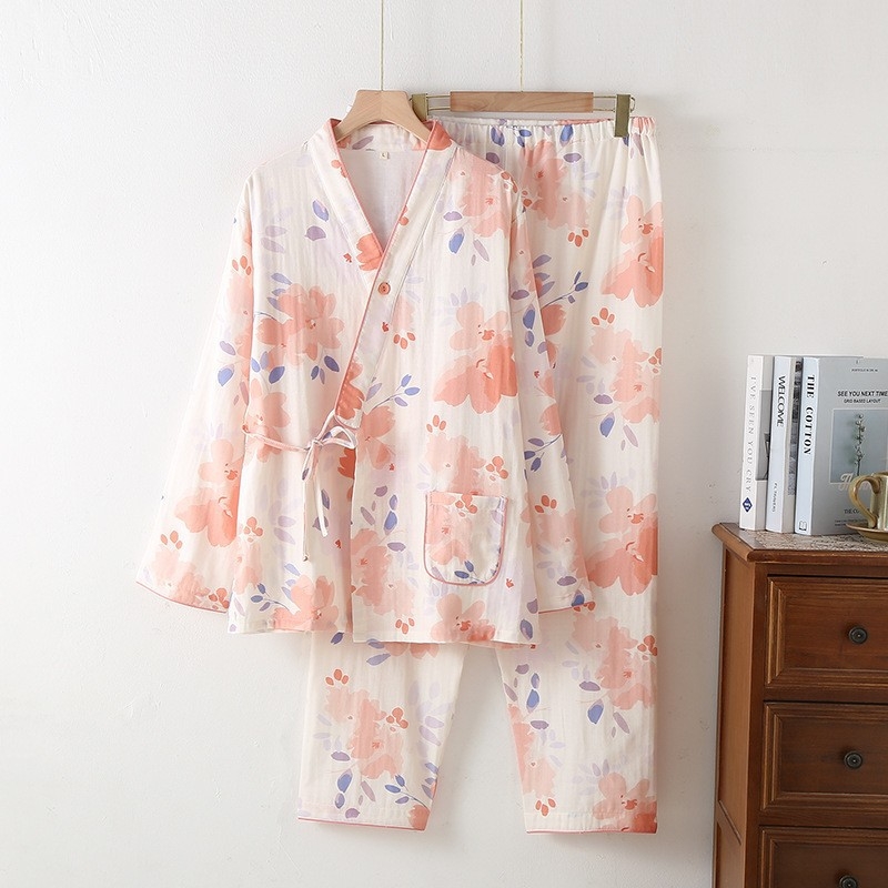 Maternitetiniai pižamų komplektas japoniško kimono stiliaus, dviejų sluoksnių marlės audinys, 100% medvilnė, V kaklo, ilgos rankovės, kelnės, skirtas nėštumui ir žindymui