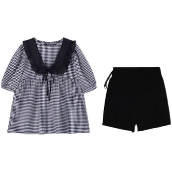 Trudnički ljetni kostim s kariranim uzorkom – top s polu rukavom, hlače 3/4, 95% poliester