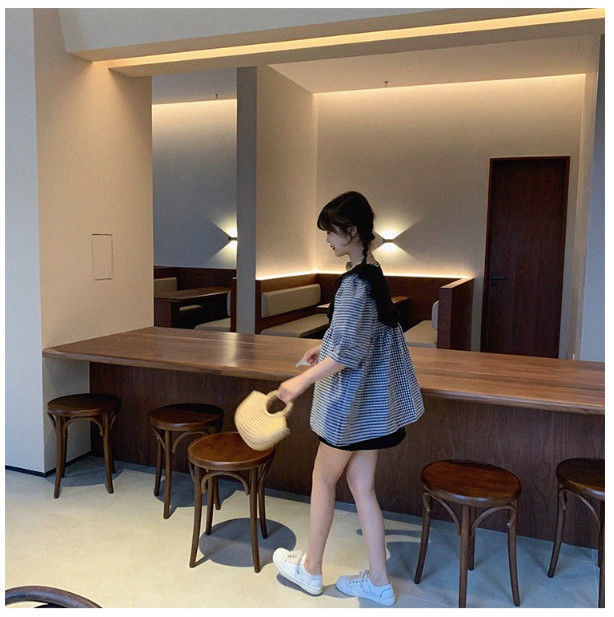 Trudnički ljetni kostim s kariranim uzorkom – top s polu rukavom, hlače 3/4, 95% poliester