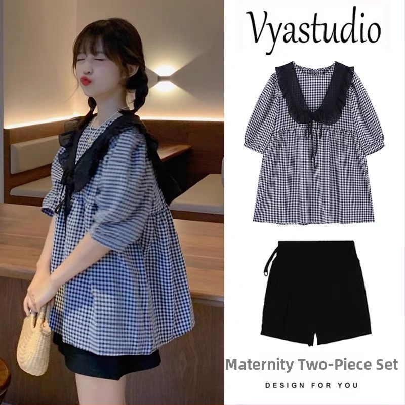 Tehotenský letný kostým s károvaným vzorom – top s polovičným rukávom, nohavice 3/4, 95% polyester