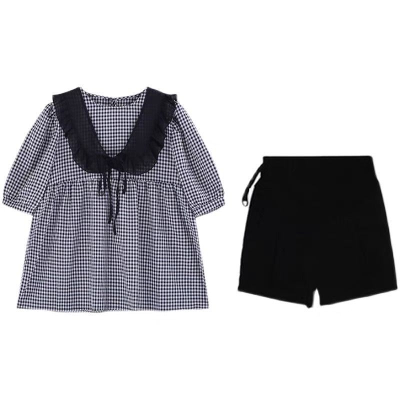 Trudnički ljetni kostim s kariranim uzorkom – top s polu rukavom, hlače 3/4, 95% poliester