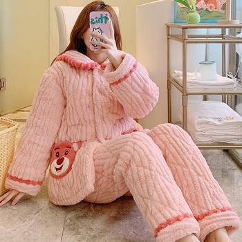 Po gimdymo motinystės pižama su kardiganu, koralo veliūro užpildas, siūta, ilgos rankovės ir kelnes, 100% poliesteris, 251–300 g/m², ruduo–žiema 2024