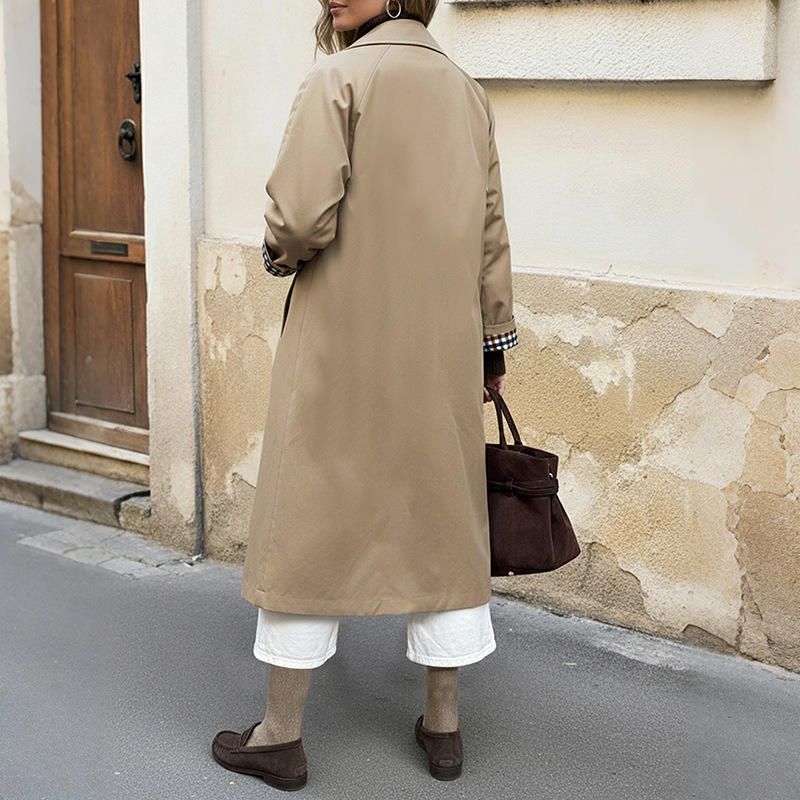 Geacă lungă de damă cu carouri, rever, din poliester twill