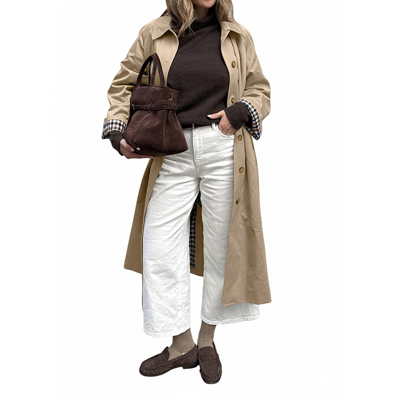 Geacă lungă de damă cu carouri, rever, din poliester twill