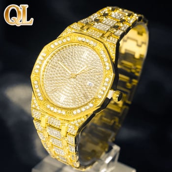 Мъжки кварцов часовник в хип-хоп стил със календар, циферблат със звездно небе, декоративни кристали, минерално стъкло, корпус и каишка от сплав