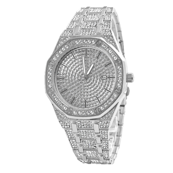 Мъжки кварцов часовник в хип-хоп стил със календар, циферблат със звездно небе, декоративни кристали, минерално стъкло, корпус и каишка от сплав