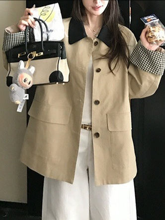 Ženska pamučna karirana jakna s polo ovratnikom, duge rukave, kratka dužina, elastan