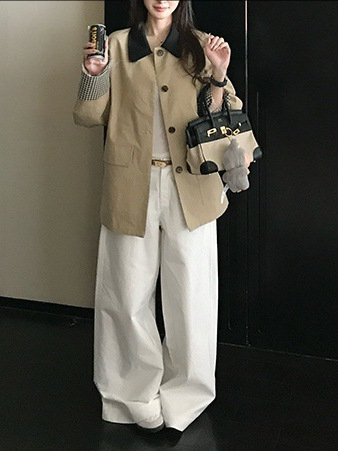 Ženska pamučna karirana jakna s polo ovratnikom, duge rukave, kratka dužina, elastan