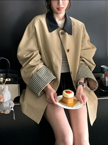 Ženska pamučna karirana jakna s polo ovratnikom, duge rukave, kratka dužina, elastan