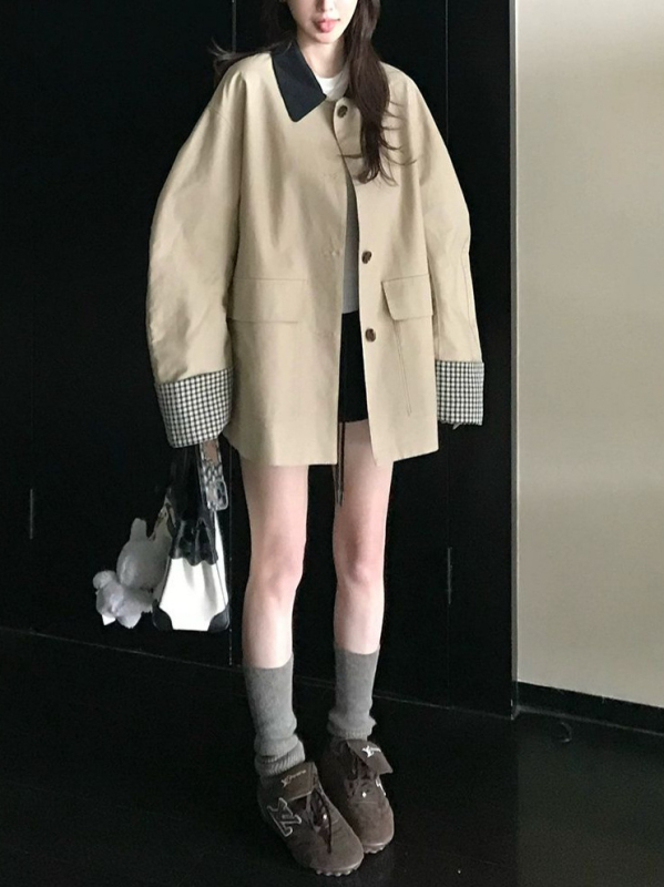 Ženska pamučna karirana jakna s polo ovratnikom, duge rukave, kratka dužina, elastan