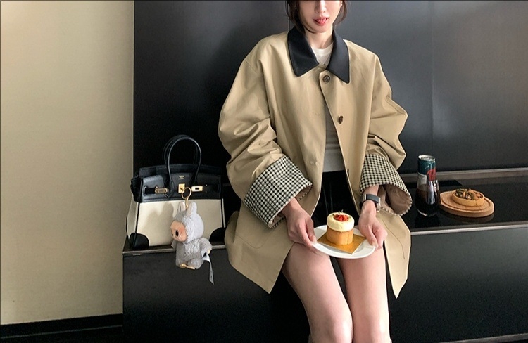 Ženska pamučna karirana jakna s polo ovratnikom, duge rukave, kratka dužina, elastan