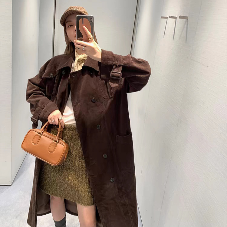 Duga pamuk Corduroy windbreaker jakna, labav kroj, rever, korejski ležerni stil