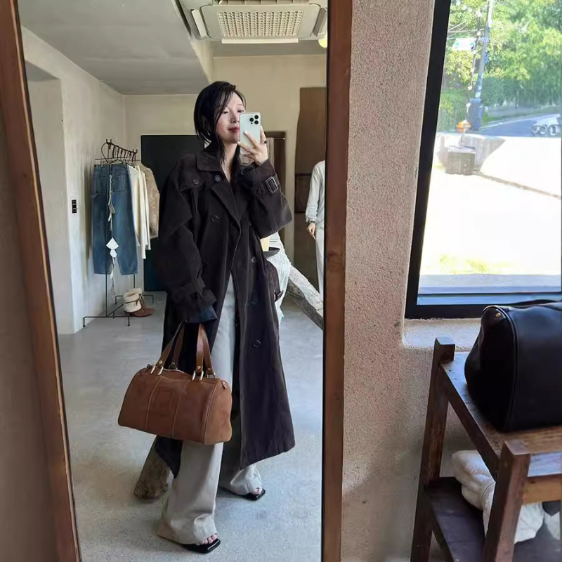 Duga pamuk Corduroy windbreaker jakna, labav kroj, rever, korejski ležerni stil