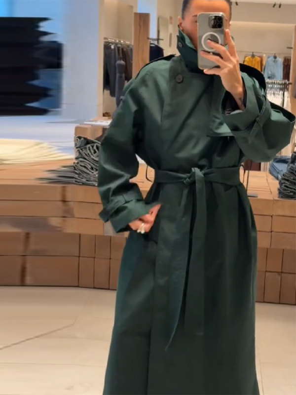 Dugi trench kaput s ovratnikom i vezom sprijeda, poliester, jednobojna boja, dugi rukavi, casual japansko-korejski stil, jesen-zima 2025