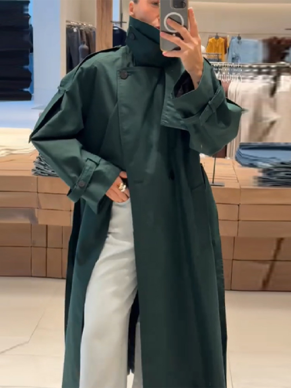Dugi trench kaput s ovratnikom i vezom sprijeda, poliester, jednobojna boja, dugi rukavi, casual japansko-korejski stil, jesen-zima 2025