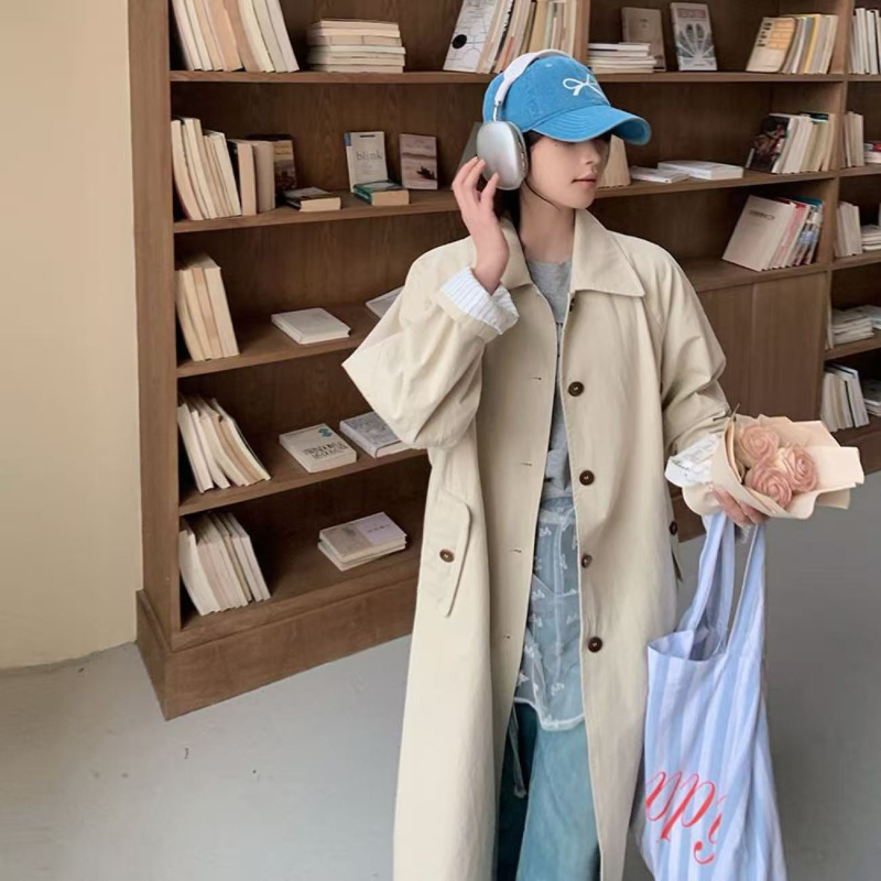 Windbreaker jakna u korejskom stilu, nježan stil, srednja duljina, slobodan kroj, poliester-spandeks mješavina, polo ovratnik