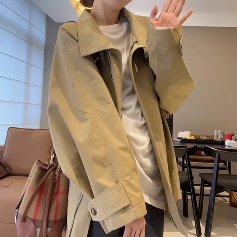 Ženski kratki trench kaput, korejsko-japanski stil, poliester, zatvarač, polo ovratnik, labav kroj