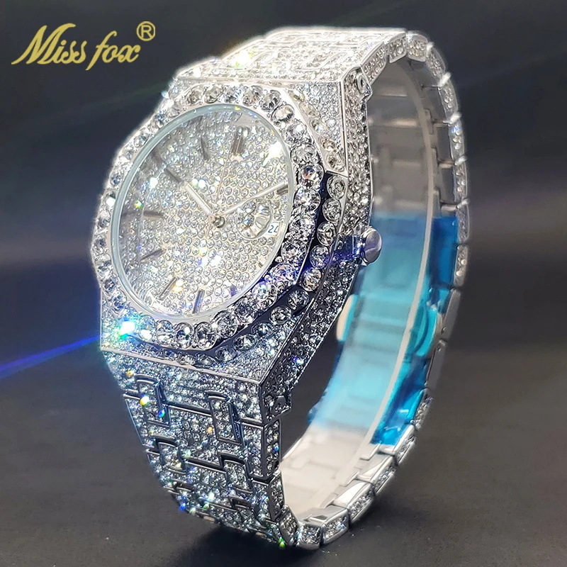 Miss Fox muški sat s kristalima, kalendar, kvarc, 43 mm osmerokutni cifernik, svijetli u mraku