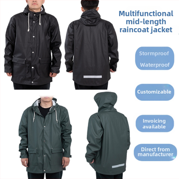 Ανδρικό αδιάβροχο παλτό με κουκούλα, στάσιμος γιακάς, κλείσιμο με κουμπιά σε μία σειρά, αδιάβροχο-αναπνέον