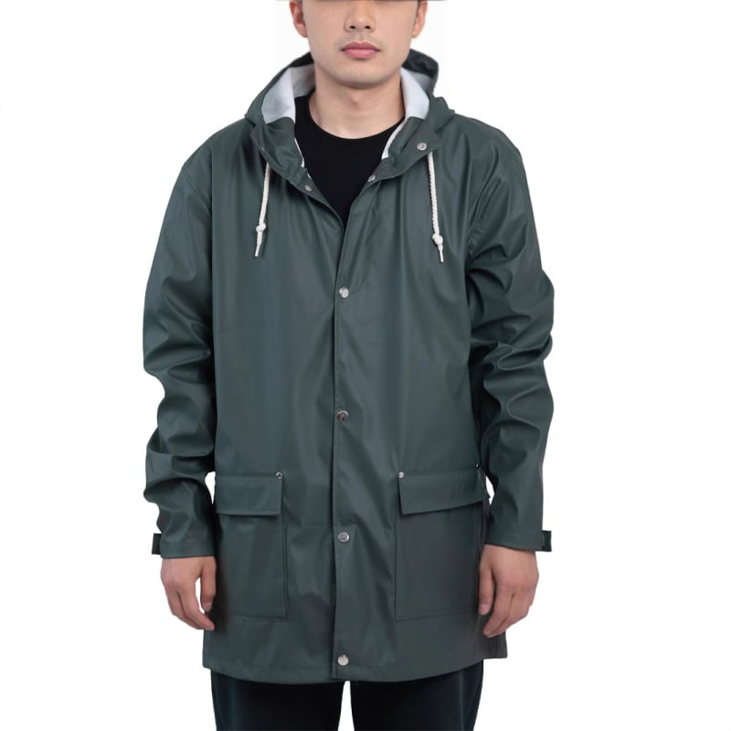 Ανδρικό αδιάβροχο παλτό με κουκούλα, στάσιμος γιακάς, κλείσιμο με κουμπιά σε μία σειρά, αδιάβροχο-αναπνέον