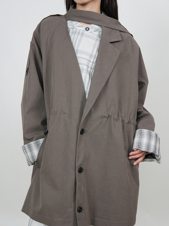 Casual ženski windbreaker s ovratnikom-šalom, karirani uzorak, opušteni kroj, srednja duljina, pamuk brokat tkanina