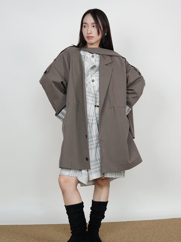 Casual ženski windbreaker s ovratnikom-šalom, karirani uzorak, opušteni kroj, srednja duljina, pamuk brokat tkanina