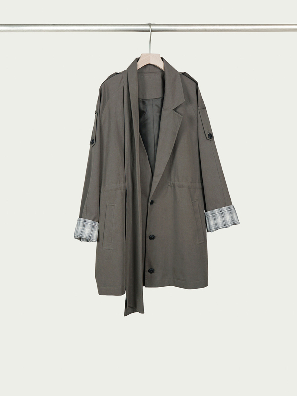 Casual ženski windbreaker s ovratnikom-šalom, karirani uzorak, opušteni kroj, srednja duljina, pamuk brokat tkanina