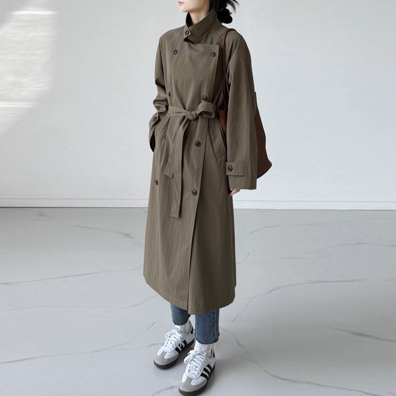 Ženski poludugi windbreaker kaput srednje duljine, korejskog stila, stojeći ovratnik, opušten kroj, elegantan visokokvalitetan, pogodan za niski rast
