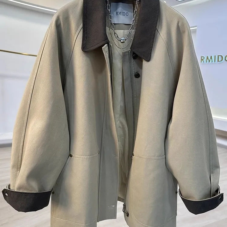 Ženski windbreaker – korejskog stila s kontrastnim ovratnikom, kopčom, Chenille s 30-50% elastana, proljeće 2025, stil kraljičine sestre