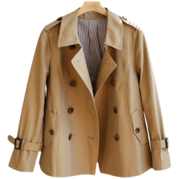 Ženski trench coat s dvostrukim epoletama, britanski stil, U-okrugli ovratnik, dugi rukavi, poliester