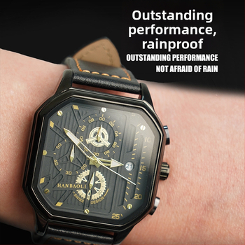Han Baoli H1064G pánske quartz hodinky, štvorcový ciferník, vodotesnosť 30 m, PU remienok