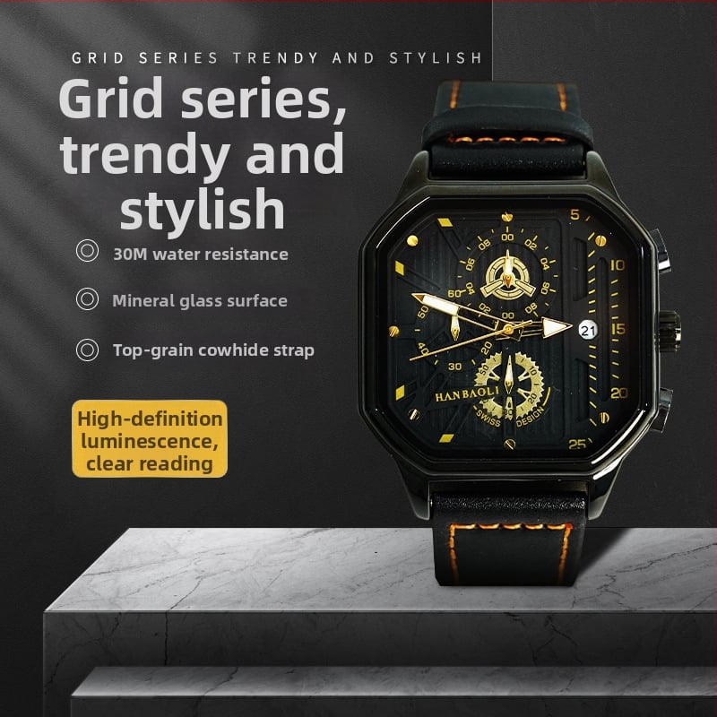 Han Baoli H1064G pánske quartz hodinky, štvorcový ciferník, vodotesnosť 30 m, PU remienok
