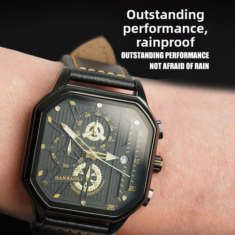 Han Baoli H1064G pánske quartz hodinky, štvorcový ciferník, vodotesnosť 30 m, PU remienok