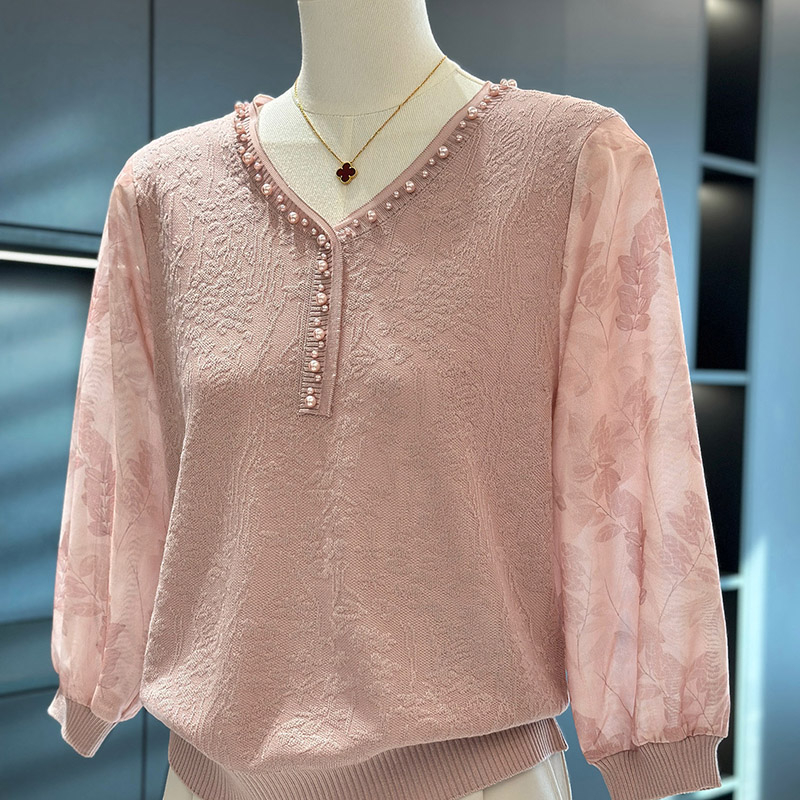 Chiffon kötött felső, laza szabás, V-nyak, pulóver-stílus, vékony anyag, 95% poliészter, 2025 tavasz kollekció