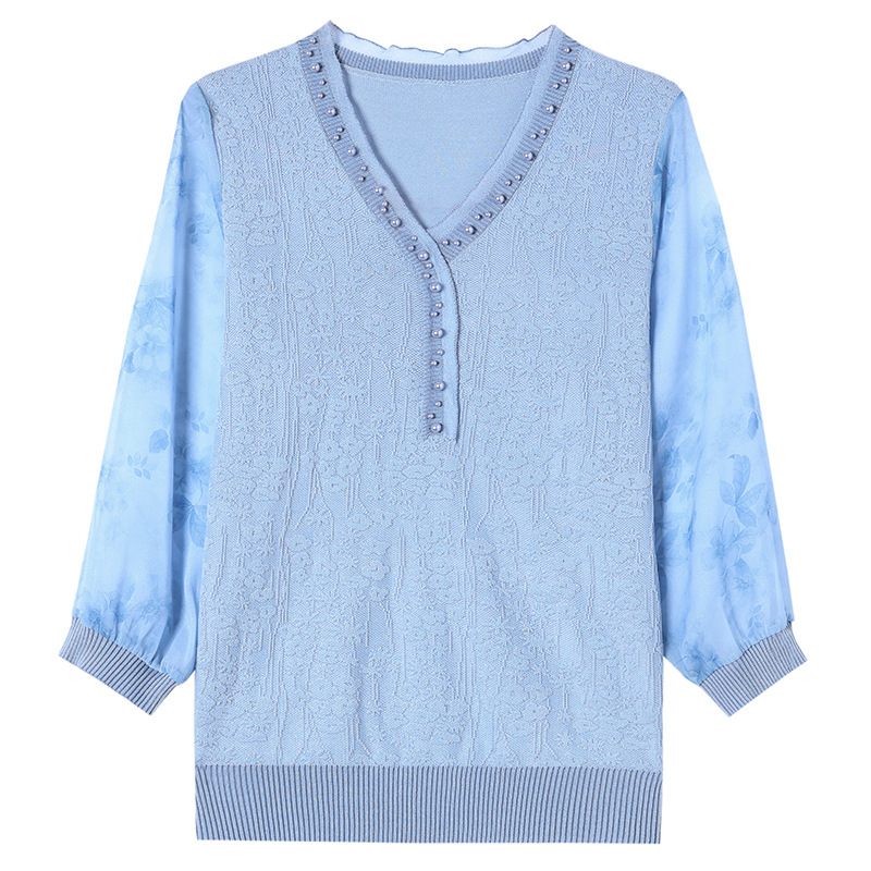 Chiffon kötött felső, laza szabás, V-nyak, pulóver-stílus, vékony anyag, 95% poliészter, 2025 tavasz kollekció