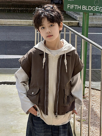 Unisex dječja jakna bez rukava s kapuljom, zatvarač, pamuk, kratka duljina, jednofarbna, korejski stil, jesen 2025