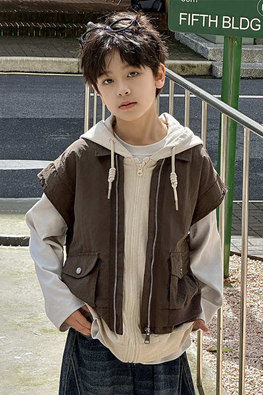 Unisex dječja jakna bez rukava s kapuljom, zatvarač, pamuk, kratka duljina, jednofarbna, korejski stil, jesen 2025
