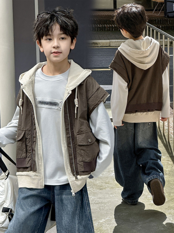 Unisex dječja jakna bez rukava s kapuljom, zatvarač, pamuk, kratka duljina, jednofarbna, korejski stil, jesen 2025