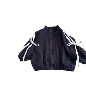 Dječja jakna u K-stilu s mašnom i trakom, jednofarbna, jesen 2024, dugi rukavi, stojeći ovratnik, zatvaranje zipom, uzrast 1–3 godine